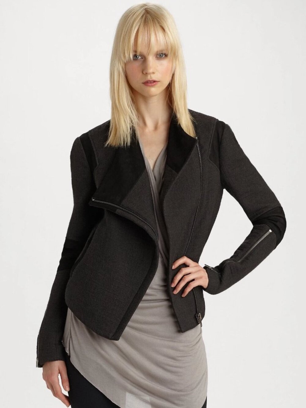 Helmut Lang Strata Wool and Leather Jacket in Graphite